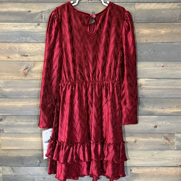 New Rare Editions Long Sleeve Textured Velvet Tiered Dress Size 8 Color Burgundy - Picture 4 of 14
